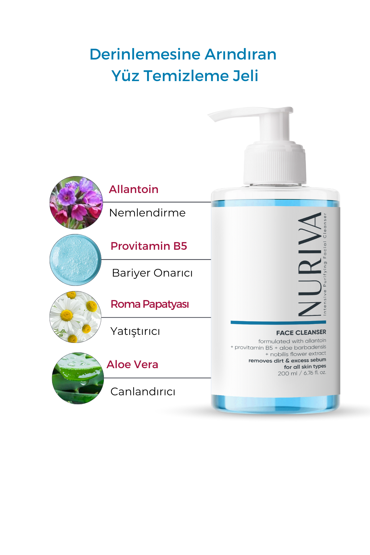 Aloe Vera & Papatya Özlü Derin Temizlik Yüz Temizleyici Jel – Cilt Besleyici Formül 200 ml