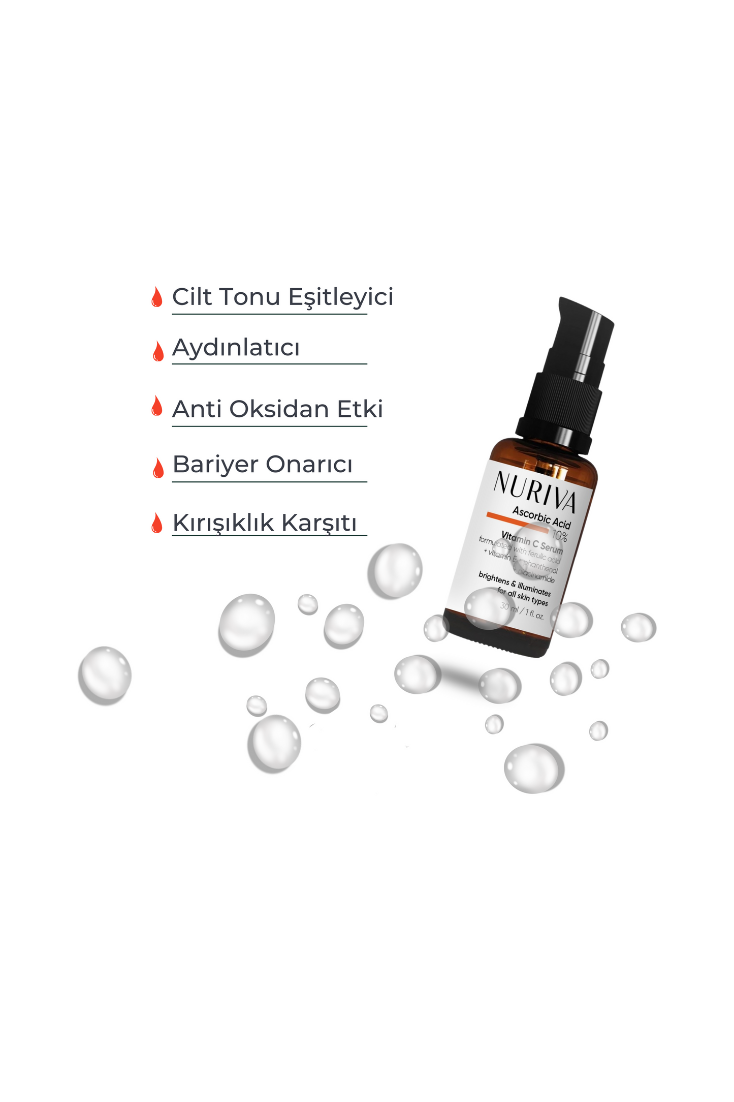 C Vitamini Aydınlatıcı ve Cilt Toni Eşitleyici Serum – Leke Karşıtı, Parlaklık Veren 30 ml