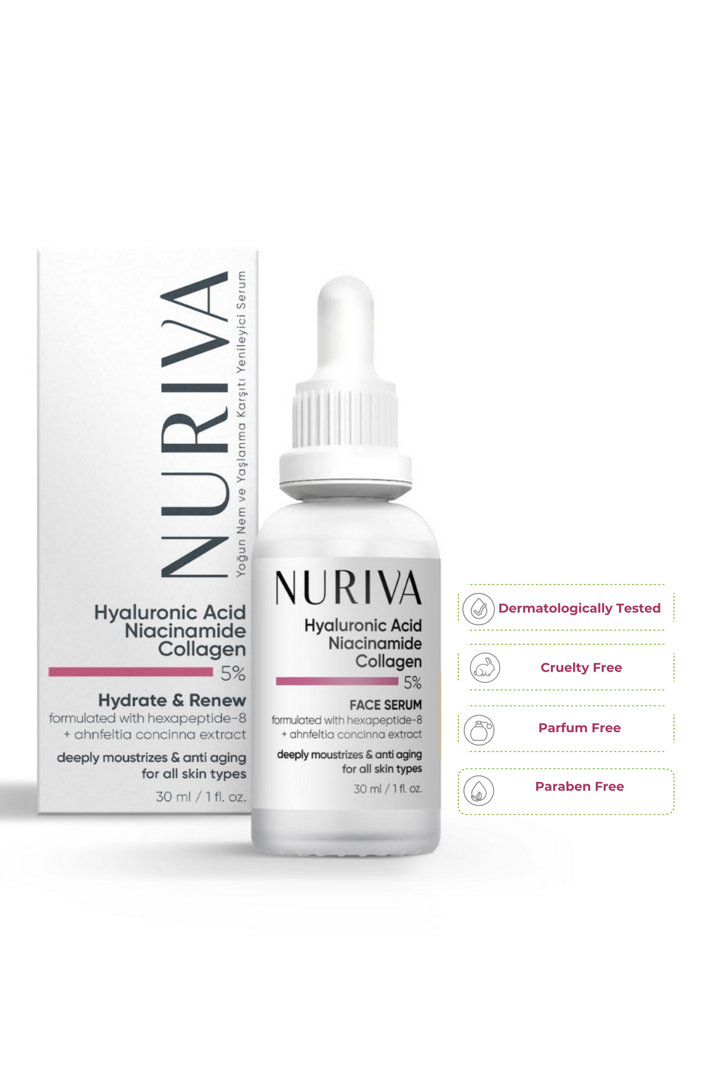 Yoğun Nem ve Yaşlanma Karşıtı Yenileyici Serum – Hyaluronik Asit & Kolajen & Niasinamid 30 ml