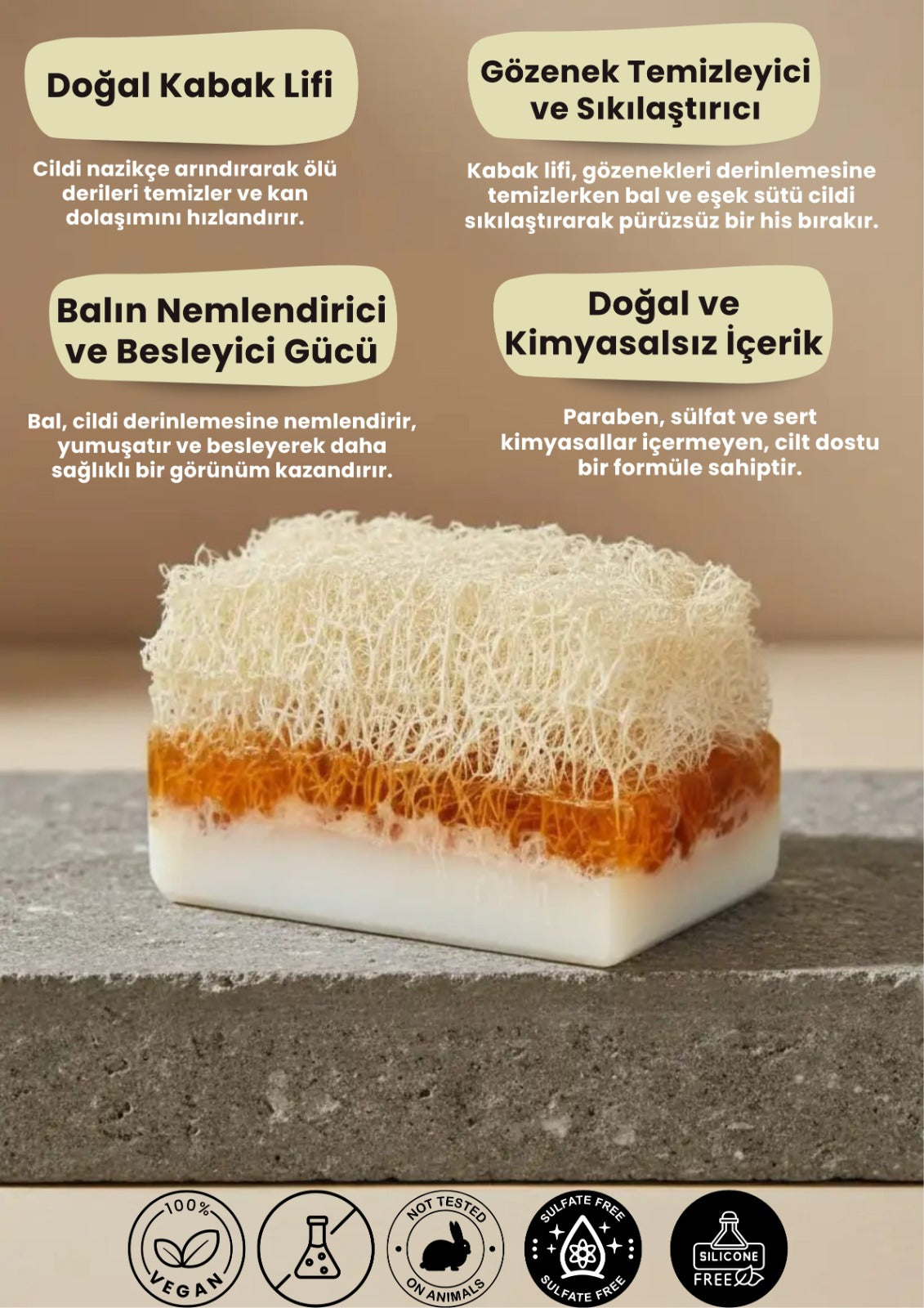 Doğal Kabak Lifli Ballı Eşek Sütlü Sabun – 120 g | Peeling & Nemlendirici Etki