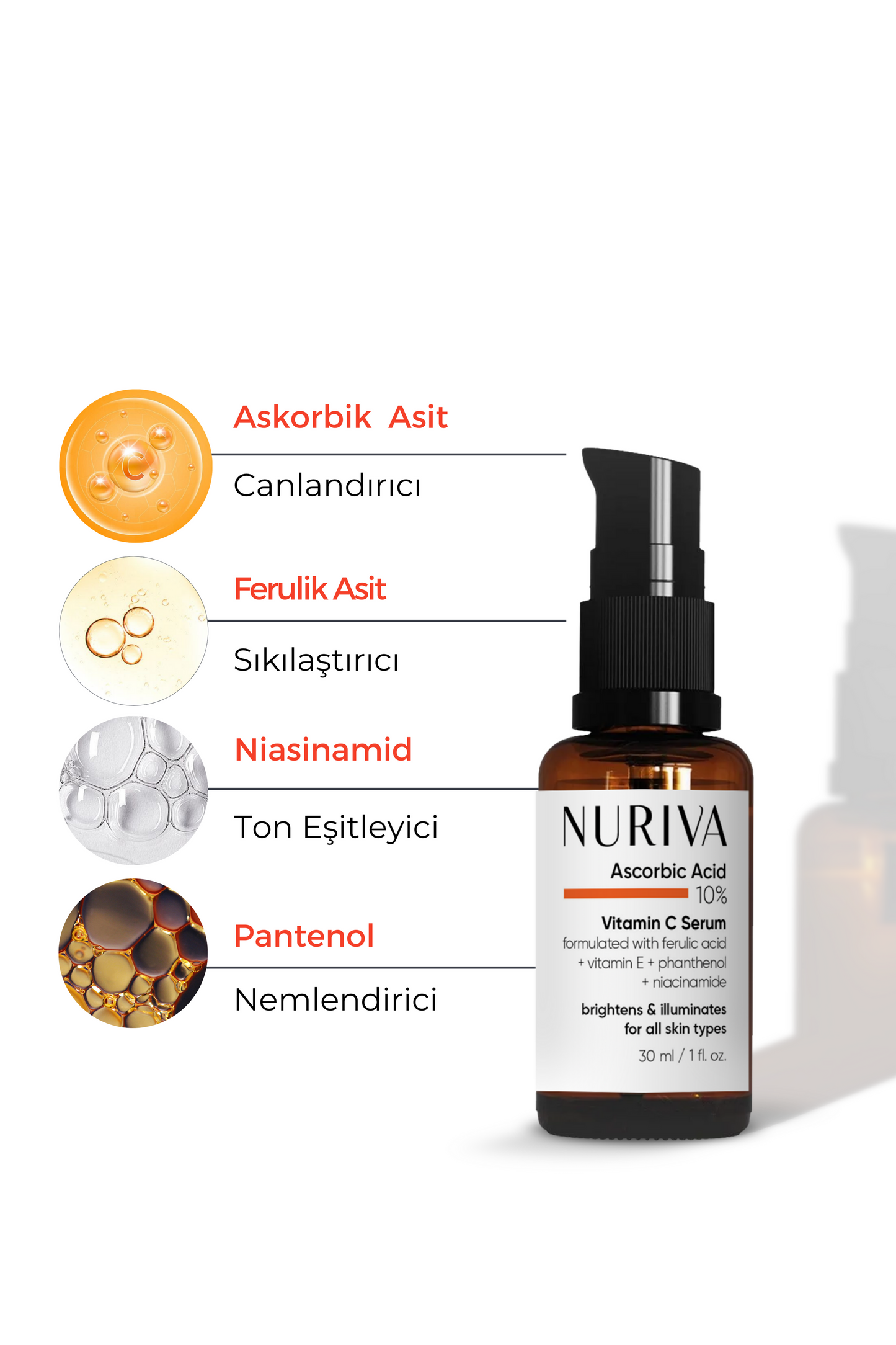 C Vitamini Aydınlatıcı ve Cilt Toni Eşitleyici Serum – Leke Karşıtı, Parlaklık Veren 30 ml