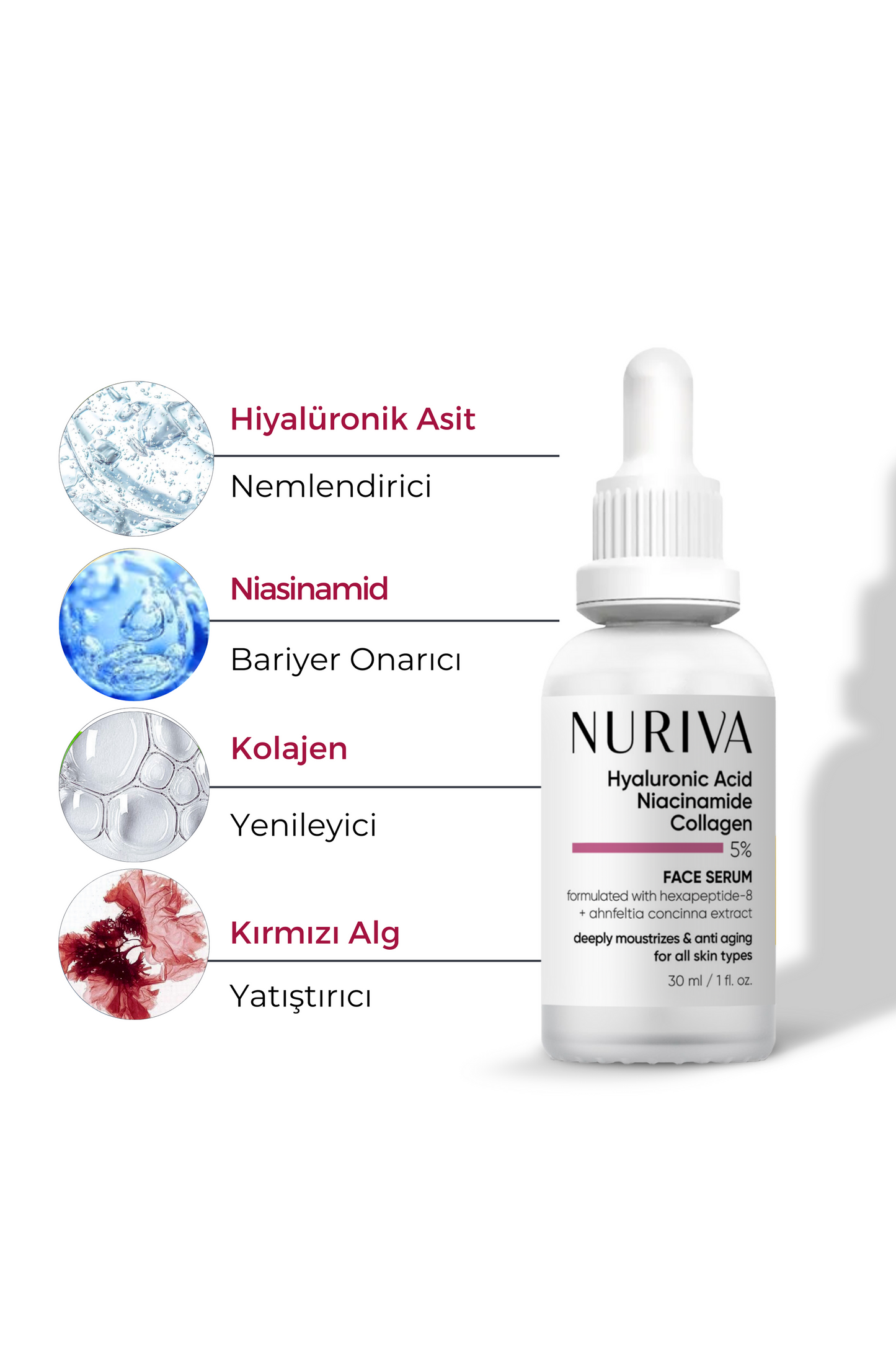 Yoğun Nem ve Yaşlanma Karşıtı Yenileyici Serum – Hyaluronik Asit & Kolajen & Niasinamid 30 ml